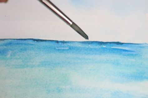 Paint A Beach, Watercolor Techniques Tutorial, Beginning Watercolor, Ocean Art Painting, Beach Wall Murals, A Beach Scene, Beach Scene Painting, Horizon Landscape, Tree Watercolor Painting