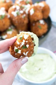 Mexican Arancini with Avocado Cilantro Dipping Sauce are a great twist on your Italian favorite. A great snack anytime! Cilantro Dipping Sauce, Melting Cheese, Appetizer Dips, Fried Food, Small Bites, Mexican Dishes, Beignets, Dipping Sauce, Mexican Food