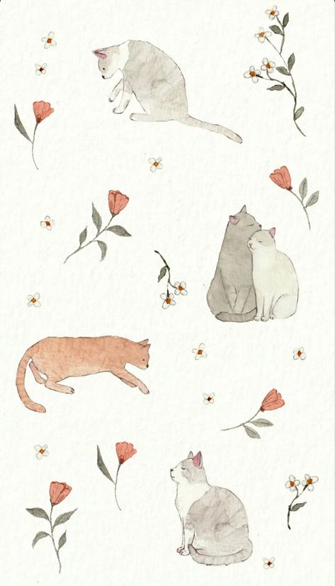 by @tsoooki Cat And Flowers, 수채화 그림, Phone Wallpaper Patterns, Arte Inspo, Kawaii Wallpaper, Cat Wallpaper, Cute Wallpaper Backgrounds, Cat Drawing, 귀여운 동물