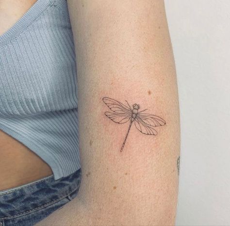 Tattoos Above Arm Crease, Dragonfly Tattoo Linework, Dragon Fly Tattoo Fine Line, Dragonfly Tattoo On Arm, Fineline Dragonfly Tattoo, Dragonfly Drawing Tattoo, Minimalist Dragonfly Tattoo, Dragonfly Back Tattoo, Dainty Dragonfly Tattoo