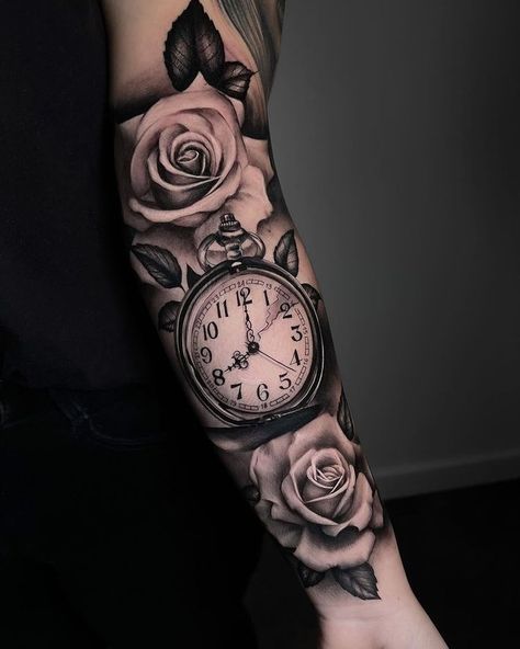 Thigh Sleeve Tattoo, Clock And Rose Tattoo, Memorial Tattoo Ideas, Arm Sleeve Tattoos For Women, Animal Tattoo Ideas, Clock Tattoo Design, Tattoo Needle, Tattoos For Black Skin, Watch Tattoos