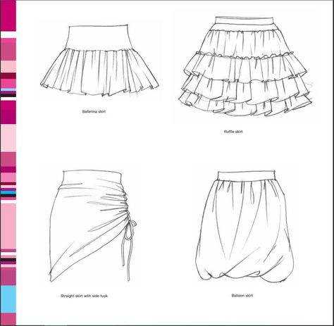 Skirts From Essential Fashion Illustrations, Details by Maite Lafuente Skirts Tutorial Drawing, How To Draw Pleated Skirts, Skirt Flat Sketch, Drawing Skirts, Skirts Drawing, Skirt Illustration, Rara Skirt, Ruffle Skirts, Essential Fashion