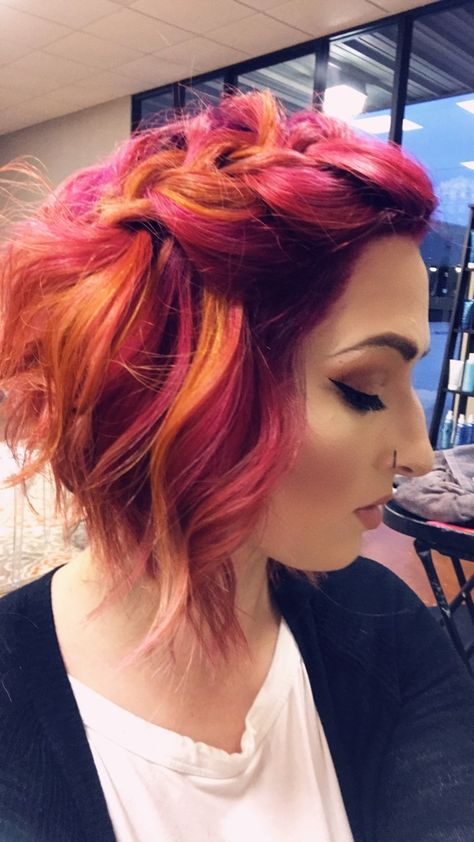 Tequila Sunrise (Magenta, Pink, Orange & Yellow) Magenta And Yellow Hair, Dark Pink And Orange Hair, Orange And Magenta Hair, Sunset Hair Color Short Bob, Pink Orange And Purple Hair, Pink To Orange Hair, Sunset Hair Color Short, Orange Purple Hair, Purple Orange Hair