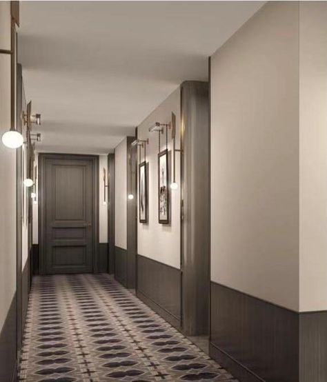 Apartment Corridor Ideas, Hotel Hallways Aesthetic, Boutique Hotel Corridor, Hotel Corridor Design Hallways, Hotel Hallway Design, Condo Corridor, Light Walls Darker Trim, Condo Lobby Design, Apartment Corridor Design