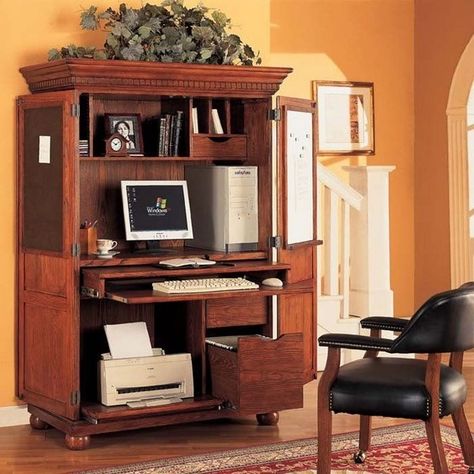 functional computer armoire design space saving home office furniture ideas Office Armoire, Dining Room Storage Cabinet, Armoire Ikea, Armoire Desk, Computer Armoire, Armoire Cabinet, Ikea Desk, Dining Room Hutch, Office Furniture Design