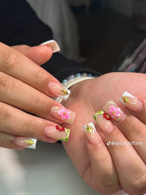 Besame Mucho Nails, Dominican Nails, Nails Flowers, Girly Acrylic Nails, Summery Nails, Glow Nails, Classy Acrylic Nails, Short Square Acrylic Nails, Acrylic Nails Coffin Pink