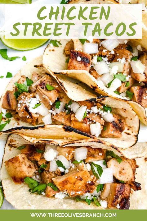 Chicken Street Tacos are a great Mexican recipe dinner idea for taco night! Made with chicken thighs in a citrus spice marinade and grilled or baked. Gluten free. Street Tacos Chicken, Mexican Easy, Copycat Recipes Desserts, Street Tacos Recipe, Chicken Street Tacos, Street Taco Recipe, Chicken Tacos Recipe, Italian Recipes Appetizers, Street Taco