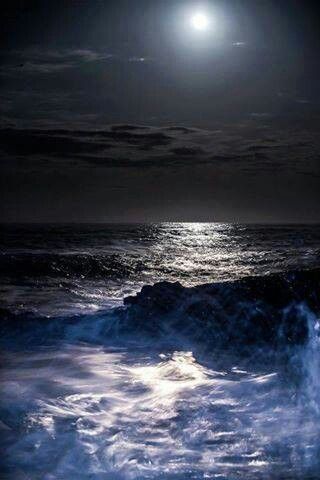 The moon shining above the night sea! Beautiful picture! Ocean At Night, Shoot The Moon, Moon Pictures, Beautiful Moon, Moon Glow, Sea And Ocean, Nature Landscape, Ocean Waves, Beautiful World