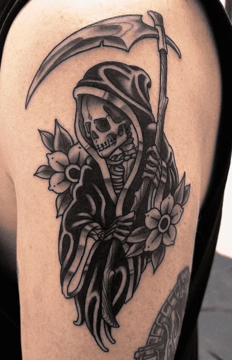 Grim Reaper Tattoo Ideas, Reaper Tattoo Ideas, Santa Muerte Tattoo, Grim Reaper Tattoo, Reaper Tattoo, Tattoo Design Ideas, Girly Tattoos, Acrylic Nails Coffin Short, Flower Tattoo Designs