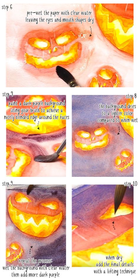 easy-halloween-watercolor-jack-o-lantern-02 Watercolor Jack O Lantern, Watercolor Art Halloween, Easy Halloween Watercolor, Spooky Watercolor Art, Painting Ideas Spooky, Jack O Lantern Painting, Halloween Watercolors, Watercolor Halloween Art, Halloween Watercolor Painting