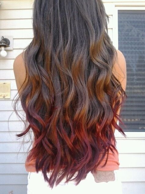 Brown and red but maybe with a couple streaks throughout to blend it better :) Dipped Hair, Red Ombre Hair, Dip Dye Hair, Ombré Hair, Ombre Hair Color, Long Wavy Hair, Good Hair Day, Hair Stuff, Grunge Hair