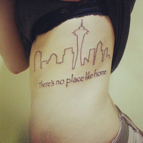 Seattle skyline; There's no place like home tattoo No Place Like Home Tattoo, Seattle Skyline Tattoo, Skyline Tattoo, Seattle Tattoo, Scale Tattoo, There's No Place Like Home, Music Tattoo, Home Tattoo, Music Tattoos