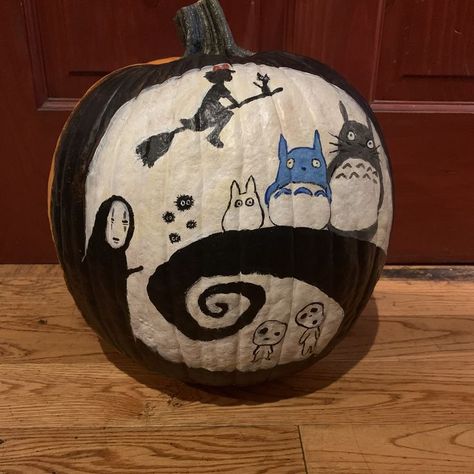 Hand Painted pumpkin Pumpkin Painting Party, Studio Ghibli Inspired, Modern Art Canvas Painting, Hand Painted Pumpkin, Halloween Pumpkin Designs, Halloween Pumpkins Painted, Painted Pumpkin, Halloween Pumpkins Carvings, Pumpkin Painting