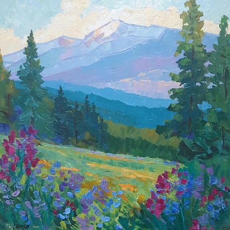 Summer Colors on Boreas Pass Pretty Nature Paintings, Watercolor Land Scape, Colorful Watercolor Landscape, Acrylic Mountain Painting Tutorial, Colorful Landscape Paintings Acrylics, Group Painting Ideas Canvases, Landscape Paintings Flowers, Easy Mountain Painting Acrylics, How To Paint Mountains