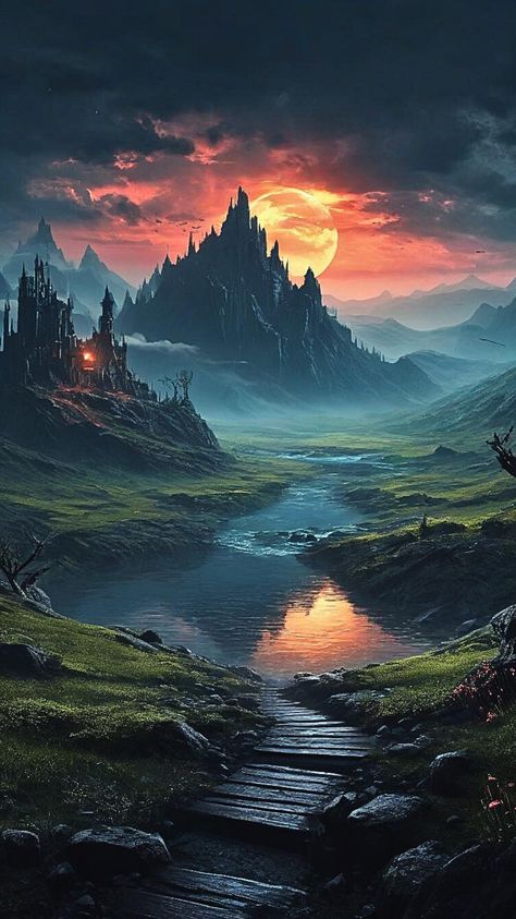 #fantasyart #fantasy #landscape Skyrim Landscape, Moon Landscape, Fantasy Land, Background Ideas, Red Sun, Fantasy Setting, Fantasy Aesthetic, Fantasy Landscape, Skyrim