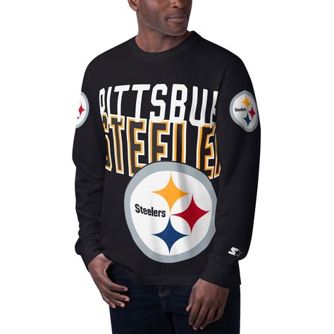 Make a spirited upgrade to your collection of Pittsburgh Steelers gear with this Clutch Hit T-shirt by Starter. Since the full breadth of your team spirit could never be showcased, the oversized Pittsburgh Steelers graphics that run off the tee will fit in perfectly. The classic crew design gives this versatile top a casual feel. Steelers Gear, Shield Design, Black Clutch, Comfy Fashion, Night Looks, Pittsburgh Steelers, Grey Long Sleeve, Girls Shopping, Black Tshirt