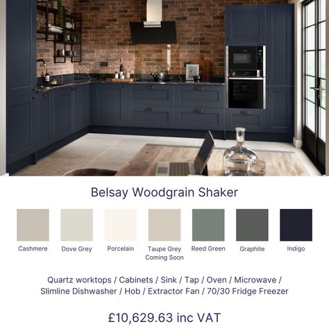 Our Belsay wood grained shaker kitchen is available in 7 stocked colours For the price stated we supply the cabinets fully assembled with Blum soft close hinges and drawers. You have a choice of 35 internal cabinet colours Handles shown are included in price (other options available but price may vary) Kesseböhmer YouK shelving included with matching colour shelves The Quartz worktops come in 9 colour to choose from in either 20mm or 30mm, supplied with upstands and optional hob splashba... Howdens Clerkenwell Matt Charcoal, Dark Blue Kitchen Wooden Worktop, Howdens Chilcomb Navy, Howdens Super Matt Charcoal, Howdens Allendale Navy, Quartz Worktops, Shaker Kitchen, Cabinet Colors, Hinges