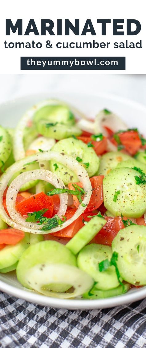 Marinated Cucumber Tomato and Onion Salad is a fresh summer side dish, it only takes 5 minutes to throw together, super simple and delicious. No summer feasting and BBQ party is the same without this salad. Cucumber Tomato And Onion Salad, Cucumber Tomato Onion Salad, Tomato Onion Salad, Tomato And Onion Salad, Marinated Cucumbers, Marinated Tomatoes, Tomato Salad Recipes, Fresh Salad Recipes, Onion Salad