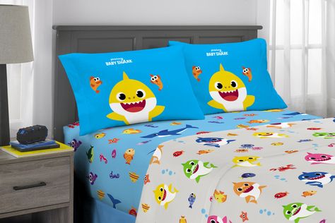 You Can Now Buy Baby Shark Bedding at Walmart, Doo Doo Baby Shark Bedroom, Shark Bedroom Ideas, Bedroom Ideas Girl, Shark Sheets, Shark Bedroom, Shark Bedding, Dino Room, Shark Room, Mama Shark