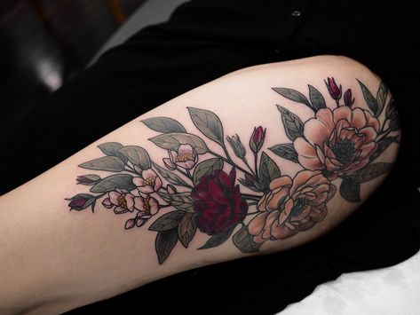 Some little add ons an older piece 🌿🌿🌿 Mastectomy Tattoo, Floral Thigh Tattoos, Kawaii Tattoo, Red Tattoos, Botanical Tattoo, Tattoo Design Ideas, Cover Up Tattoos, Flower Tattoo Designs, Mom Tattoos