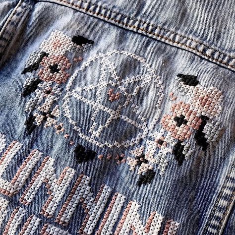 Running with the Devil - cross stitch denim jacket.  SOLD.  If you are interested in custom jackets please get in contact 💪🏻 Embroidered Vans, Denim Jacket And Jeans, Cross Stitch Fonts, Custom Jacket, Upcycle Projects, Van Halen, Team Leader, Knitting Charts, The Devil