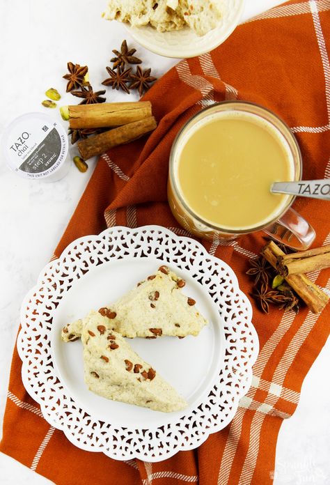 Sweet Cinnamon Scones w TAZO® Chai Tea! Tazo Chai Tea, Tazo Chai, Cinnamon Scones, Cream Scones, Cinnamon Chips, Dessert Dips, Sweet Escape, Dessert Appetizers, Chai Tea