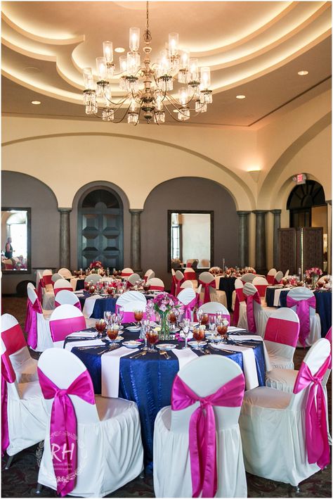 Navy blue and hot pink wedding reception colors at The Club at Sonterra, San Antonio TX Blue And Hot Pink Wedding, Wedding Reception Colors, Hot Pink Wedding Colors, Pink And Blue Theme, San Antonio Wedding Photography, Pink And Blue Wedding, Pink Wedding Receptions, Hot Pink Wedding, Wedding Reception Layout