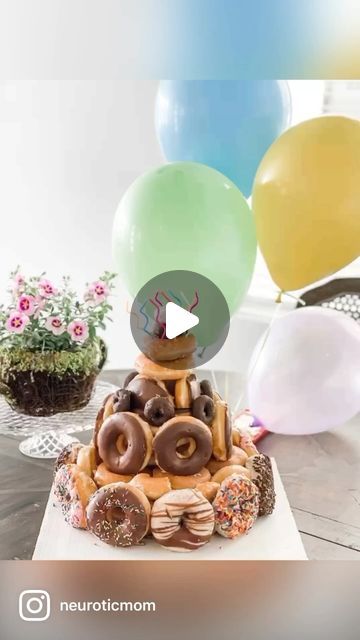 Doughnut Cake Birthday Tower, Donut Party Cake Ideas, Donut Cake Ideas Birthday Parties, Donut Cakes Birthday, Doughnut Cake Tower, Girls Donut Birthday Cake, Donut Birthday Cake Ideas, Sweet Cakes Birthday Kids, Doughnut Cake Birthday