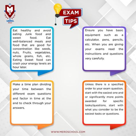 Exam tips ✅ Eat healthy and avoid eating Junk food and sweet food. ✅Ensure you have basic equipment such as a calculator, and pens/pencils. ✅Read the instructions and questions very carefully ✅Make a time plan dividing your time between the different exam questions ✅Start with the easiest question or with the question that has more marks #meroschool #examtips #tips #digitallearnig Eating Junk Food, Exam Tips, Food To Eat, Exams Tips, Balanced Meals, Sweet Food, Pens Pencils, Eat Healthy, Foods To Eat