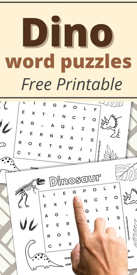 Tan rectangle with brown text overlay and two lines with dinosaur word puzzles below over a grey geometric background. Dinosaur Lesson Plan, Dinosaur Lesson, Word Searches, Classroom Printables, Word Puzzles, A Dinosaur, Free Printable Coloring Pages, Printable Activities, Lesson Plan