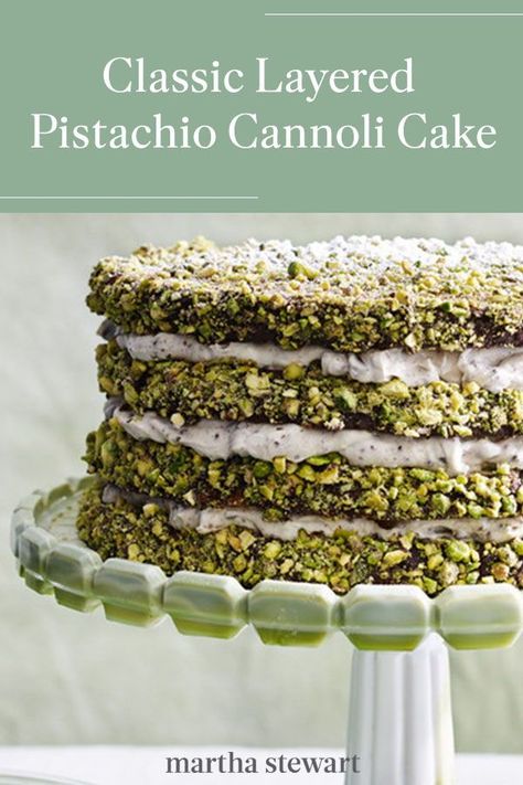 Make this delicious Italian-inspired layered cake for any at-home celebration. This cake is inspired by the classic Sicilian-style cannoli that is full of sweet ricotta, chocolate, and candied orange zest. #marthastewart #recipes #recipeideas #dessert #dessertrecipes Pistachio Cannoli, Ricotta Chocolate, Sweet Ricotta, Everyday Cakes, Cannoli Cake, Desert Dessert, Pistachio Dessert, Pistachio Recipes, Sicilian Style