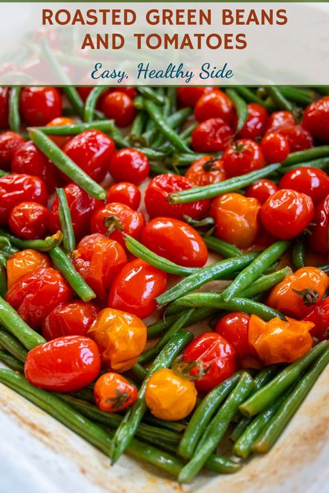 Savour the vibrant tastes of wholefoods in this Roasted Green Beans and Tomatoes creation – a delightful recipe highlighting the goodness of fresh green beans and ripe tomatoes. With easy preparation and a mere 5 wholesome ingredients, this roasted vegetable side dish promises a burst of flavour any season of the year! Wholefood Meals, Green Beans And Cherry Tomatoes, Pan Green Beans, Green Beans Tomatoes, Green Bean Dishes, Veggie Side Dish, Beans And Tomatoes, Tomato Dishes, Vegetable Side Dish