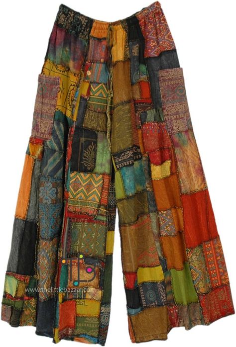 Saffron Streak Patchwork Wide Leg Bohemian Pants in Cotton Orange Clothing, Patchwork Pants, Bohemian Pants, Earthy Outfits, Hippie Pants, Estilo Hippie, Hippie Look, Bohemian Aesthetic, Hippie Style Clothing