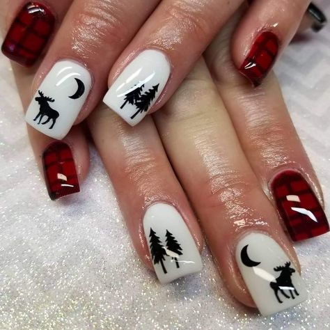 @nails.by.jayme Country Christmas Nails Acrylic, Winter And Christmas Nails, Woodland Theme Nails, Lumberjack Nails, Alaska Themed Nails, Christmas Deer Nails, Deer Hunting Nail Designs, Hunting Nail Ideas, Hunting Season Nails