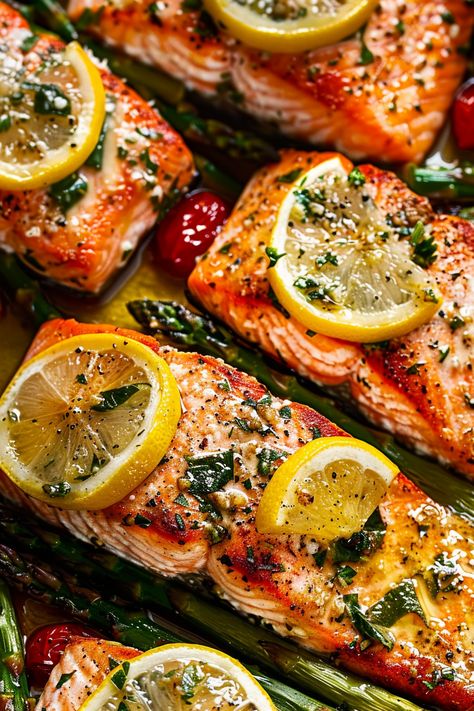 Baked Salmon With Asparagus, Salmon With Asparagus, Salmon Vegetables, Lemon Garlic Butter Sauce, Salmon And Asparagus, Salmon Seasoning, Baked Salmon Recipes, Garlic Butter Sauce, Main Course Recipes