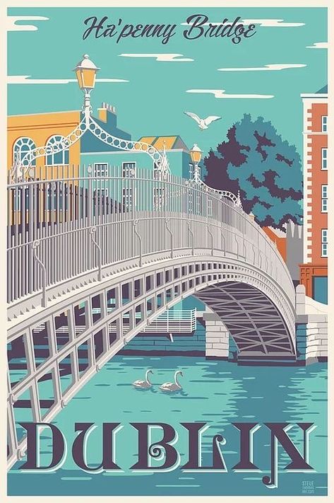 Ireland Photography, Dublin Travel, Temple Bar, Travel Poster Design, Tourism Poster, Vintage Poster Design, Drawing Simple, Retro Travel Poster, Travel Illustration