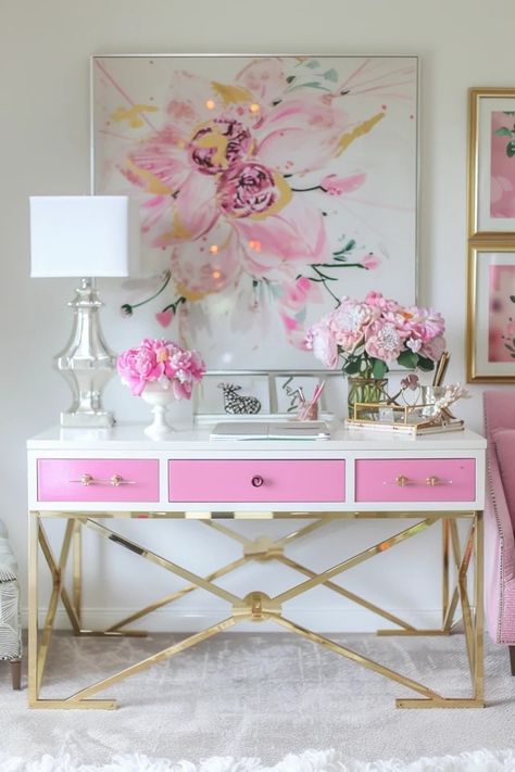 Glamorous Home Office Ideas for Chic Workspaces Fuschia Office, Elegant Office Design, Chic Home Office Decor, Pink Office Ideas, Feminine Home Office Classy, Pretty Home Office, Girly Home Office, Library Renovation, Pretty Workspace