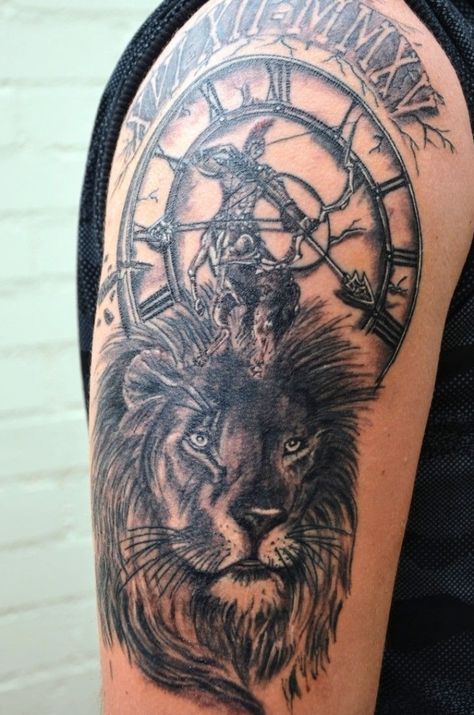 Sagittarius Tattoo For Men Sleeve, Sagitarius Tattoo Ideas Sagittarius Men, Sagittarius Tattoo For Men, Lion Tattoos For Men, Sagittarius Tattoos, Clock Tattoo Sleeve, Tattoo Zodiac, Sagittarius Tattoo Designs, Mens Tattoos