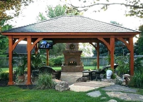 Pavillion With Fireplace, Gazebo Decorations, Fire Pit Materials, Living Pool, Pavilion Design, Outdoor Pavilion, Backyard Gazebo, Backyard Pavilion, Garden Gazebo