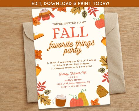 Fall Favorite Things Party, Fall Girls Night In, Fall Girls Night, Pumpkin Party Invite, Fall Party Invitations, Favorite Things Party, Harvest Party, Senior Activities, Pumpkin Party