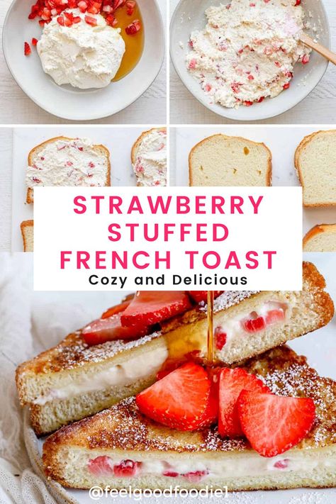 Strawberries And Cream French Toast, Cream Cheese And Strawberries, Easy Stuffed French Toast, Strawberry Stuffed French Toast, Strawberry French Toast, Stuffed French Toast Cream Cheese, Romantic Breakfast, Valentines Breakfast, Strawberry Breakfast