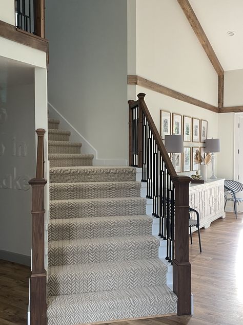 Carpeted Stairs With Black Railing, Black Iron Spindles Staircase, Iron Spindle Staircase, Rod Iron Railing, Patterned Stair Carpet, Stairs Remodel, Black Railing, Iron Spindles, Iron Stair Railing