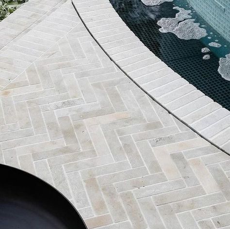 Sage Interior Design Studio on Instagram: "Last day of this beautiful long weekend - And what a way to enjoy it by admiring the beauty of this stunning outdoor landscape design. Consider using feature bricks for your pavers! Their unique patterns and textures add depth and character to any pathway or patio. Whether you prefer a rustic charm or a modern concept, feature bricks offer endless design possibilities.Check out these stunning bricks which we feel would be perfect to tie in with the pool tiles being the ​Scala Travertine! #OutdoorDesign #FeatureBricks #PaverPatterns”pavers - https://www.eco-outdoor.com/en-au - Design @mintdesignau" Travertine And Brick Pool Deck, Brick Around Pool, Sage Interior Design, Sage Interior, Stone Pool Deck, Pool Paving, Curved Patio, Outdoor Landscape Design, Paver Patterns