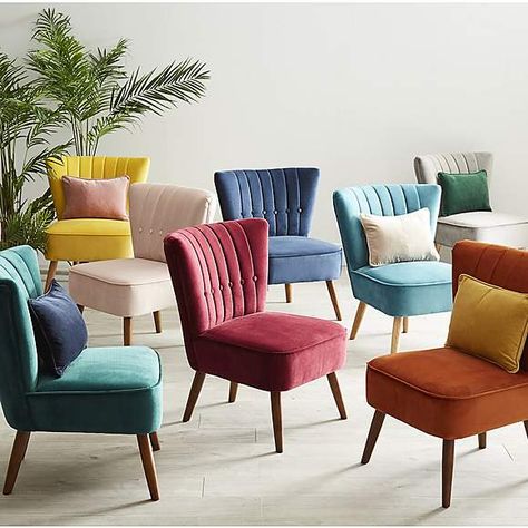 Isla Velvet Cocktail Chair - Orange | Dunelm Chesterfield Office, Velvet Cocktail Chair, Nursery Chairs, Vibrant Living Room, Plain Cushions, Cocktail Chair, Vanity Ideas, Old Chairs, Pink Cushions