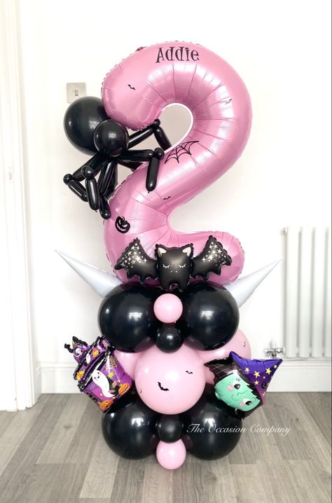 Spooky Balloon Stack for Addie #halloween #halloweenideas #halloweenballoons #halloweenballoonbouqet #balloonmarquee #balloonbouqet #balloonstack #balloondecor #balloongarland #birthday #birthdayballoons #girlsbirthday #spooky #spookyballoons #spiderballoons #balloondecoration #eventdecor #balloonstylist #balloonstacks #numberstack #goth #vampire #gothgirl #wednesdayaddams #Wednesday #childrensballoons Pink Halloween Balloon Garland, Girly Halloween Balloon Garland, Spooky One First Birthday Balloons, Halloween Candy Balloons, Monster High Balloon Garland, Spider Balloon, Scary Balloons, Balloon Stack, Spooky Balloons