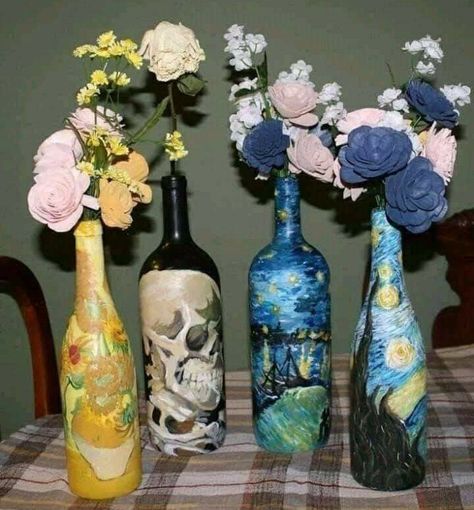 Van Gogh Decor, Vine Bottle, Wine Bottle Vases, Collage Des Photos, Hand Painted Wine Bottles, Bottle Drawing, Plant Room, Trap House, Arte Van Gogh