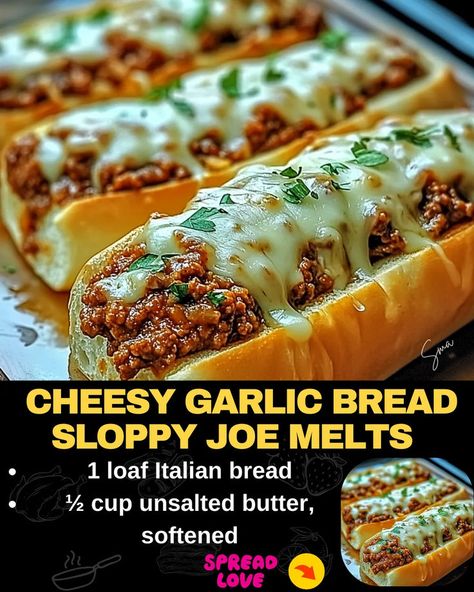 Cheesy Garlic Bread Sloppy Joe Melts, Comfort Food Magic! Garlic Bread Sloppy Joes, Meat Feast Pizza, Bacon Cheeseburger Meatloaf, Beef Tips And Noodles, Toasted Cheese, Cheeseburger Meatloaf, Baked Meatloaf, Cheese Stuffed Meatloaf, Food Magic