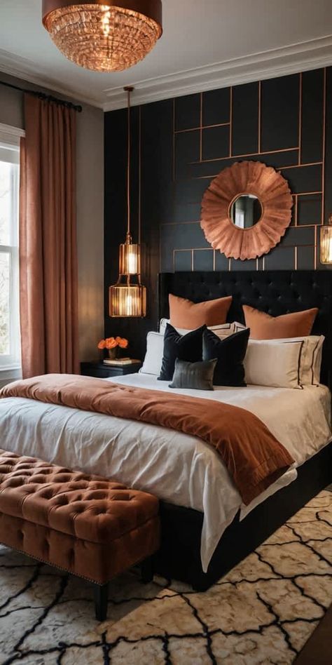 Inspiring Black And Copper Bedroom Ideas Gold Black And Cream Bedroom, Black And Gold Bedroom Color Schemes, Black White Red Bedroom Ideas, Black White And Rust Bedroom, Copper Bedroom Ideas, Black Yellow Bedroom, Adult Room Ideas Bedrooms, Black And Copper Bedroom, Married Couple Bedroom Ideas