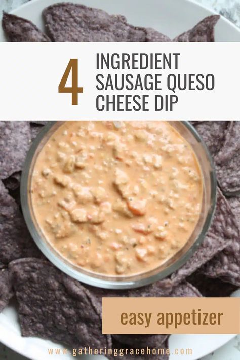 4-Ingredient Sausage Queso with Real Ingredients - Gathering Grace Home Sausage Queso, Easy Cheese Dip, Sausage Cheese Dip, Queso Cheese Dip, Small Slow Cooker, Cheese Queso, Queso Cheese, Spicy Salsa, Party Appetizers Easy