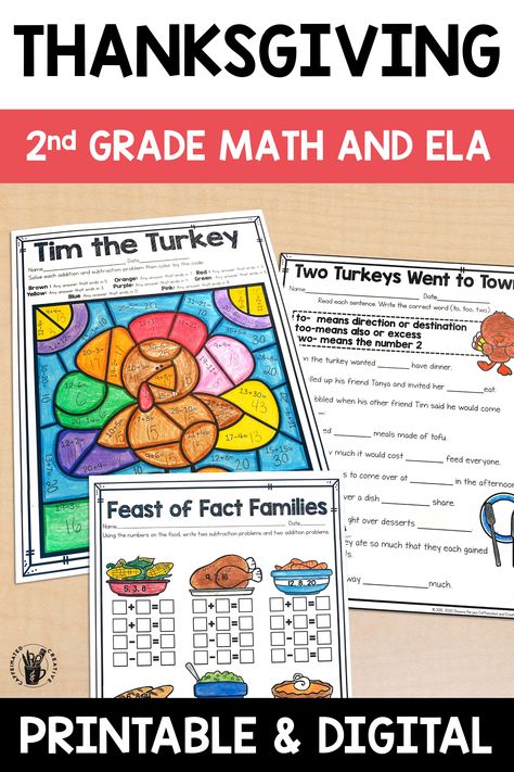 Get tons of books, ideas, and tips for celebrating Thanksgiving in the classroom with fun turkey and food themed activities! Easily celeberate Thanksgiving in your second grade classroom with no prep and digital math and ELA activities, centers, and a writing craft! 2nd Grade Thanksgiving, Thanksgiving In The Classroom, Second Grade Games, Thanksgiving Grammar, Turkey Writing, Language Arts Activities, Thanksgiving Readings, Thanksgiving Classroom, Thanksgiving Words